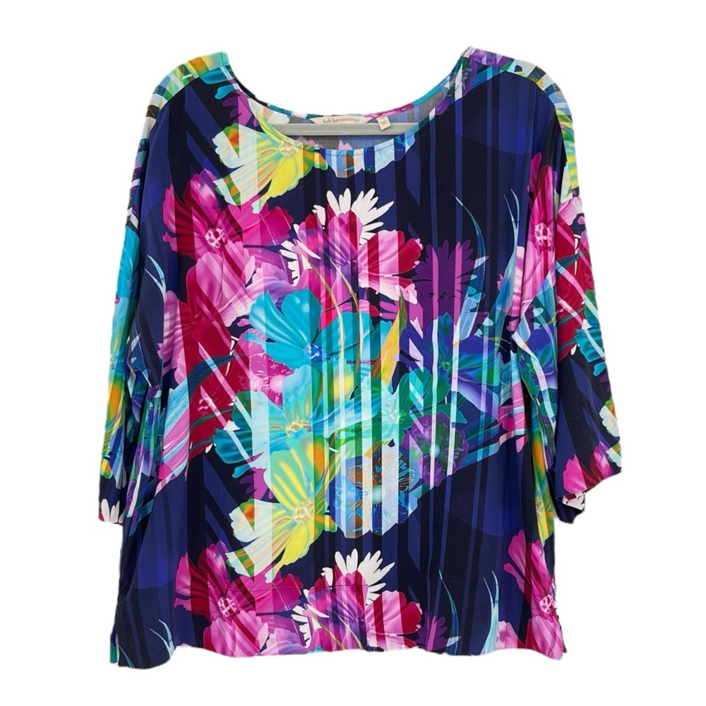 Soft Surroundings Mignon Top Size M Off-Shoulder Neck 3/4 Sleeve Violet Floral - Picture 5 of 15